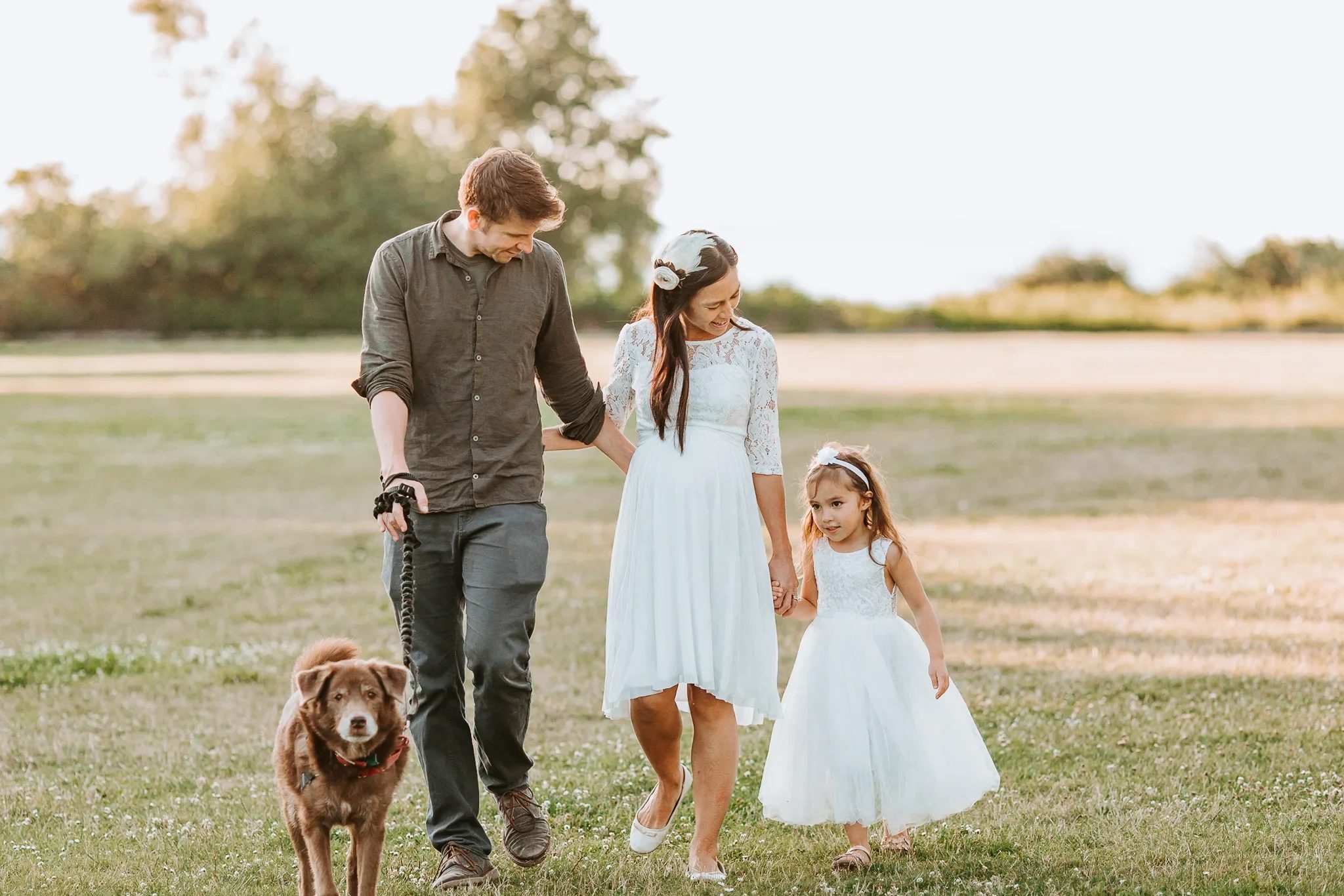Family and a dog walk through a sunlit meadow