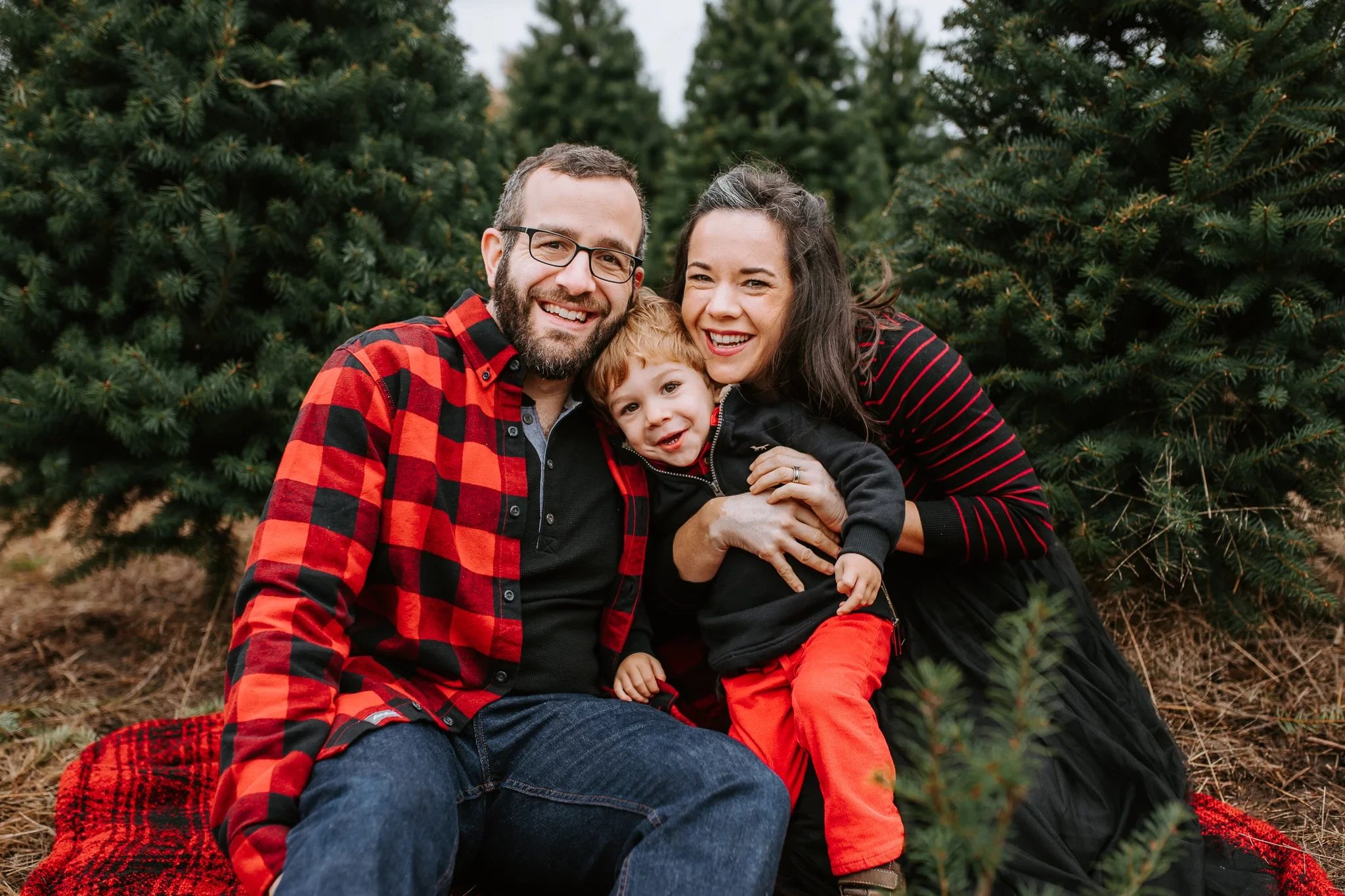 Three people cuddle on a red blanket at a tree farm