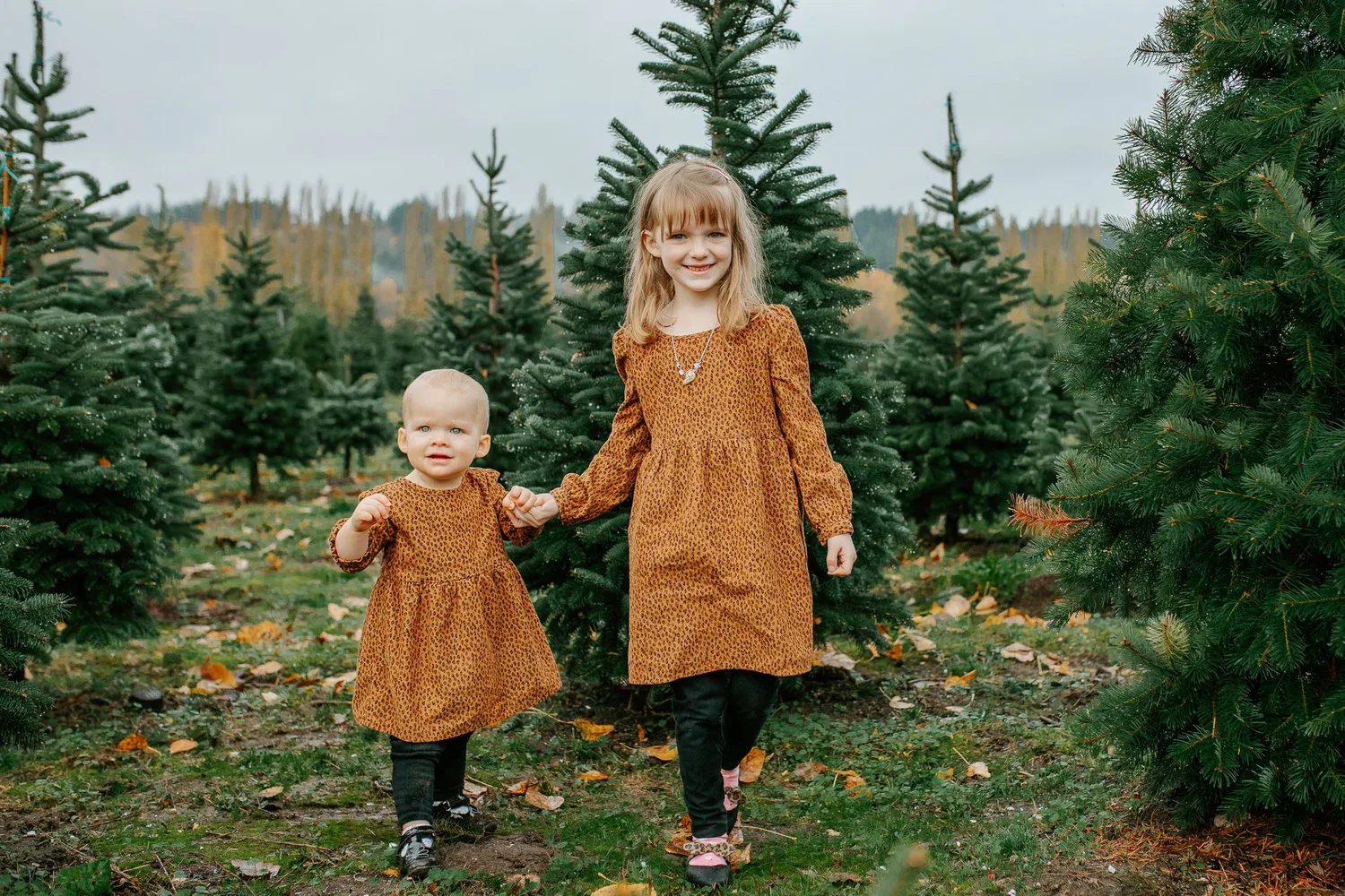 Two children in matching brown dresses hold hands at a tree farm