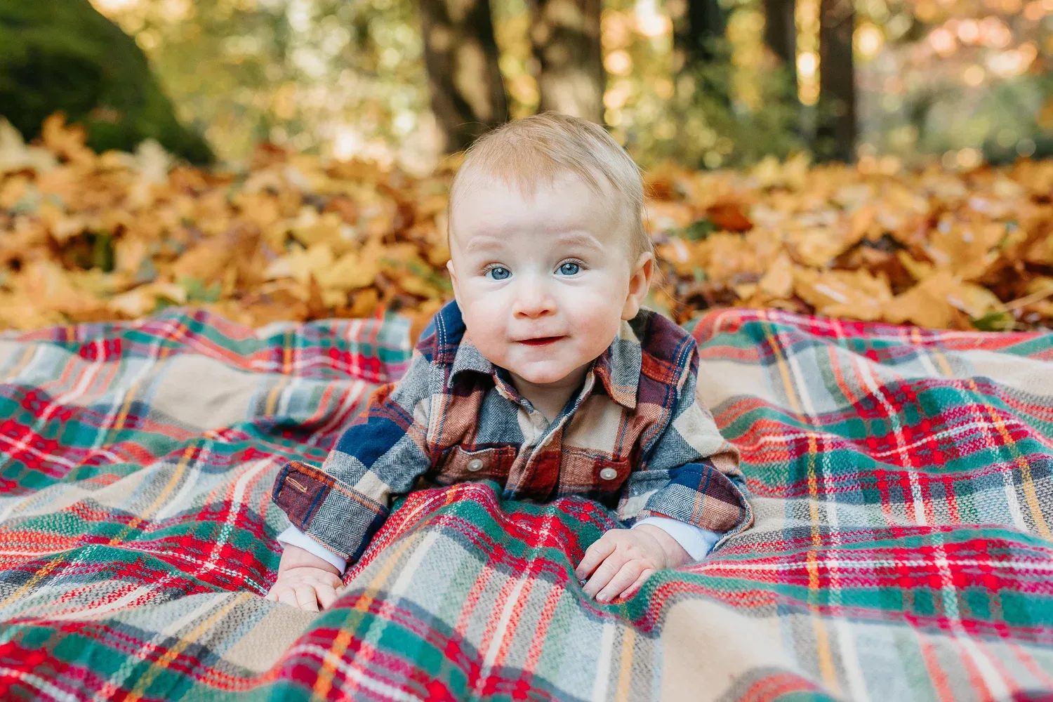 Baby lies on a plaid blanket surrounded by fallen leaves